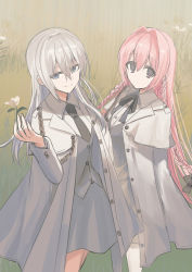 Rule 34 | 2girls, black bow, black necktie, black ribbon, blue eyes, bow, braid, chihuri, closed mouth, collared shirt, commentary request, day, dress shirt, flower, grass, grey hair, grey skirt, grey vest, hair between eyes, hair bow, hair intakes, hand up, highres, jacket, long hair, long sleeves, looking at viewer, multiple girls, neck ribbon, necktie, open clothes, open jacket, original, outdoors, pink hair, red eyes, ribbon, shirt, skirt, smile, standing, twin braids, very long hair, vest, white flower, white jacket, white shirt