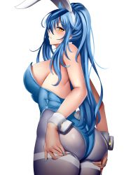 Rule 34 | 1girl, animal ears, ass, ass support, bare shoulders, blue hair, blue leotard, blush, breasts, character request, fake animal ears, fake tail, from behind, headband, highres, large breasts, leotard, long hair, nail polish, non-web source, original, pantyhose, playboy bunny, ponytail, profile, rabbit ears, rabbit tail, sideboob, smile, solo, tail, teeth, thighband pantyhose, white background, whitewaffle, wrist cuffs, yellow eyes