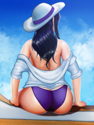 1girl, aethos, ass, back, bare shoulders, bikini, butt crack, caitlyn (league of legends), cloud, curvy, female focus, from behind, hat, highres, hip focus, huge ass, league of legends, long hair, outdoors, pool party caitlyn, sitting, sky, solo, swimsuit, wide hips