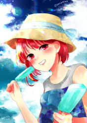 Rule 34 | 1girl, absurdres, arima kana, blush, bob cut, breasts, copyright name, food, hat, highres, holding, holding food, holding popsicle, looking at viewer, medium breasts, medium hair, oshi no ko, popsicle, red eyes, red hair, short hair, smile, swimsuit, teeth, yurigera 8959