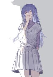 Rule 34 | 1girl, absurdres, arm behind back, blue hair, closed eyes, collared shirt, cowboy shot, grey background, hand up, highres, idolmaster, idolmaster shiny colors, long hair, long sleeves, open mouth, pleated skirt, purple shirt, shade, shirt, sketch, skirt, solo, standing, suzuki hana, sweater, teeth, two-tone background, upper teeth only, v-neck, white background, white skirt, white sweater, yawning, yofuraruto