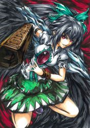 Rule 34 | 1girl, arm cannon, armband, bad id, bad pixiv id, bird wings, black hair, black wings, bow, breasts, female focus, gibagiba, grin, kneeling, large breasts, long hair, red eyes, reiuji utsuho, shoes, skirt, smile, solo, third eye, torn clothes, touhou, tourniquet505, traditional media, weapon, wings