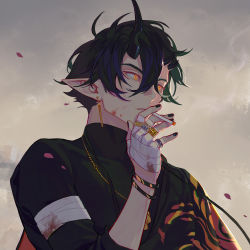 Rule 34 | 1boy, absurdres, arknights, bandaged arm, bandaged hand, bandages, between fingers, black hair, blood, blood on breasts, bracelet, cigarette, cloud, cloudy sky, covered collarbone, earrings, flamebringer (arknights), hair between eyes, highres, holding, holding cigarette, horns, jewelry, looking afar, male focus, misaq, multiple rings, official alternate costume, orange eyes, outdoors, pointy ears, ring, short hair, single horn, sky, smoking, solo, teeth, upper body, upper teeth only