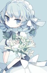 Rule 34 | 1girl, album cover, apron, black vest, bouquet, bow, bowtie, braid, cover, flower, green bow, green bowtie, grey eyes, grey hair, hair bow, hand up, high collar, holding, holding bouquet, izayoi sakuya, lily (flower), looking at viewer, maid headdress, puffy short sleeves, puffy sleeves, shirt, short hair with long locks, short sleeves, simple background, solo, touhou, twin braids, upper body, vest, white bow, white shirt, wristband, yokoe (mealtime)