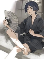 Rule 34 | 1boy, alternate costume, barefoot, blue eyes, blue hair, commentary request, fanning self, feet, genshin impact, hand fan, highres, holding, holding fan, hot, japanese clothes, kushami deso, male focus, messy hair, scaramouche (genshin impact), sitting, soles, solo, sweat, toes