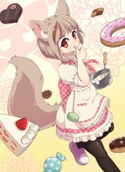Rule 34 | 1girl, animal ears, apron, black pantyhose, bowl, box, brown hair, cake, cake slice, candy, chocolate icing, commentary request, cookie, cream, doughnut, dress, fennery (show by rock!!), food, fox ears, fox tail, frilled dress, frills, fruit, heart-shaped box, icing, licking, licking finger, light brown hair, pantyhose, pink footwear, puffy short sleeves, puffy sleeves, short hair, short sleeves, show by rock!!, strawberry, tail, tongue, tongue out, wafer, whisk, yude unagi