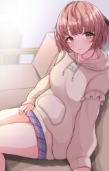 Rule 34 | 1girl, absurdres, blue skirt, blush, breasts, brown hair, collarbone, couch, feet out of frame, highres, hood, hoodie, idolmaster, idolmaster shiny colors, ikuta haruki, kyana (5024777), long sleeves, looking at viewer, medium breasts, on couch, plaid, plaid skirt, pleated skirt, short hair, sidelighting, sitting, skirt, smile, solo