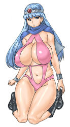 Rule 34 | 1girl, 66head, blue eyes, blue hair, boots, bracelet, breasts, chunsoft, circlet, cleavage, dragon quest, dragon quest iii, enix, huge breasts, jewelry, kneeling, legs, leotard, long hair, matching hair/eyes, sage (dq3), solo, swimsuit, thick thighs, thigh gap, thighs