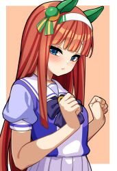Rule 34 | 1girl, animal ears, ao (user xcnx5328), blunt bangs, bow, bowtie, clenched hands, closed mouth, commentary, detached sleeves, ear covers, green eyes, hairband, half-closed eyes, high-waist skirt, horse ears, horse girl, light frown, long hair, looking at viewer, orange background, orange hair, pleated skirt, puffy detached sleeves, puffy sleeves, purple bow, purple bowtie, purple shirt, sailor collar, shirt, silence suzuka (umamusume), skirt, solo, standing, straight hair, umamusume, white hairband, white sailor collar, white skirt