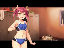 Rule 34 | 1girl, armpits, bare arms, bare legs, bare shoulders, blush, breasts, cowboy shot, fujii natsumi, hair between eyes, hand up, happy, highres, indoors, legs, locker, locker room, looking at viewer, navel, open mouth, red eyes, red hair, satou kuuki, small breasts, smile, solo, soukou seiki ysphere ~ingyaku no sennou kaizou~, standing, swimsuit, thighs, twintails
