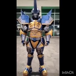 Rule 34 | animated, armor, audible music, belt, blitzmon, blitzmon (cosplay), cosplay, digimon, gloves, horns, outdoors, photo (medium), real life, serious, sound, spikes, video