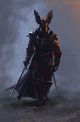 Rule 34 | 1boy, absurdres, armor, black footwear, breastplate, commentary, english commentary, facing viewer, full armor, full body, gauntlets, grey background, helmet, highres, holding, holding sword, holding weapon, knight, miryanne, plate armor, sheath, standing, sword, the witcher (series), weapon