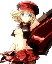 Rule 34 | 10s, 1girl, alisa ilinichina amiella, arm up, armpits, blonde hair, blue eyes, blush, breasts, brown gloves, brown thighhighs, commentary request, cowboy shot, elbow gloves, gloves, god eater, hair between eyes, hat, looking at viewer, medium breasts, midriff, miniskirt, navel, nirap, off shoulder, one-hour drawing challenge, parted lips, red skirt, simple background, skirt, sleeveless, solo, stomach, suspenders, thighhighs, white background