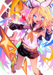 Rule 34 | 1girl, absurdres, black sailor collar, black shorts, blue eyes, bow, detached sleeves, fang, hair bow, hair ornament, hairclip, heart, highres, index finger raised, kaamin (mariarose753), kagamine rin, multicolored background, navel, neckerchief, open mouth, sailor collar, shorts, solo, vocaloid, white bow, yellow neckerchief