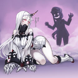 Rule 34 | 10s, 2girls, abyssal ship, all fours, bare shoulders, boots, breasts, claws, detached sleeves, dress, drooling, female admiral (kancolle), glowing, glowing eyes, hands up, hat, horns, kantai collection, knee boots, large breasts, long hair, looking at another, looking back, matsuryuu, multiple girls, pale skin, peaked cap, ponytail, rape face, red eyes, revision, ribbed dress, seaport princess, short dress, sideboob, silhouette demon, single horn, smoke, tears, thighs, translation request, white footwear, white hair, you gonna get raped, yuri