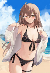 Rule 34 | bare shoulders, beach, bikini, blush, breasts, brown eyes, brown hair, cleavage, closed mouth, collarbone, hair ornament, hairclip, highres, hololive, hololive english, large breasts, long hair, long sleeves, looking at viewer, nanashi mumei, navel, ocean, off shoulder, open clothes, open shirt, shirt, shuuzo3, side-tie bikini bottom, solo, stomach, swimsuit, thigh strap, virtual youtuber, water, white shirt