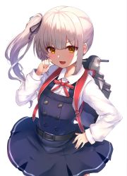 Rule 34 | 1girl, belt, blush, buttons, commentary request, dress, hair ribbon, hand on own hip, highres, kantai collection, kasumi (kancolle), kasumi kai ni (kancolle), long hair, long sleeves, looking at viewer, neck ribbon, o-sirius, open mouth, pinafore dress, red ribbon, ribbon, rigging, school uniform, shirt, side ponytail, silver hair, simple background, sleeveless, sleeveless dress, smile, solo, white background, white shirt, yellow eyes