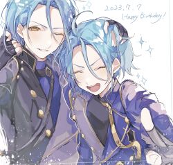 Rule 34 | 2023, 2boys, blue hair, closed eyes, daifugo happy, dated, dual persona, ensemble stars!, hand in another&#039;s hair, happy birthday, highres, himeru (ensemble stars!), light blue hair, looking at viewer, male focus, multiple boys, one eye closed, open mouth, short hair, smile, sparkle, teeth, yellow eyes