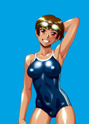 Rule 34 | 1girl, arm up, armpits, bare shoulders, blue background, breasts, brown hair, competition school swimsuit, cowboy shot, double vertical stripe, goggles, goggles on head, grin, highres, large breasts, looking at viewer, minazuki juuzou, one-piece swimsuit, original, red eyes, school swimsuit, short hair, simple background, smile, solo, standing, swimsuit, teeth