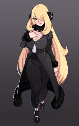 Rule 34 | 1girl, absurdres, black coat, blonde hair, breasts, cleavage, coat, creatures (company), cynthia (pokemon), fur-trimmed coat, fur collar, fur trim, game freak, grey eyes, hair ornament, hair over one eye, hand on own chest, highres, jacket, large breasts, long hair, looking at viewer, nintendo, pokemon, pokemon dppt, quelconque, smile, solo, very long hair