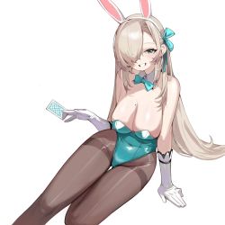 Rule 34 | 1girl, animal ears, aqua leotard, arm support, asuna (blue archive), asuna (bunny) (blue archive), bare shoulders, blue archive, blush, bow, bowtie, breasts, brown pantyhose, card, cleavage, covered navel, detached collar, fake animal ears, feet out of frame, gloves, groin, hair over one eye, hairband, highres, holding, holding card, large breasts, leotard, light brown hair, long hair, looking at viewer, mole, mole on breast, mole under eye, open mouth, pantyhose, playboy bunny, playing card, prossss, rabbit ears, smile, solo, thighband pantyhose, white gloves