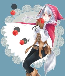 Rule 34 | 1girl, animal ears, apple, belt, belt pouch, black hair, black pants, brown gloves, fire emblem, fire emblem fates, food, fruit, gloves, grey hair, holding, hood, hood up, long hair, long sleeves, multicolored hair, nintendo, open mouth, pants, pouch, red eyes, solo, streaked hair, tail, velouria (fire emblem), wolf ears, wolf tail, yuyu (spika)