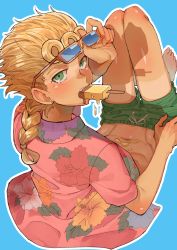 Rule 34 | 1boy, abs, absurdres, aqua background, blonde hair, blue flower, blush, braid, braided ponytail, dripping, earrings, floral print, flower, food, from behind, full body, giorno giovanna, green eyes, green shorts, highres, jenny851016, jewelry, jojo no kimyou na bouken, knees up, leaf, long hair, looking at viewer, male focus, midriff, navel, orange flower, outline, pink shirt, ponytail, popsicle, print shirt, purple flower, red flower, shadow, shirt, shorts, simple background, solo, tan, tanline, vento aureo, white flower, white outline, yellow flower
