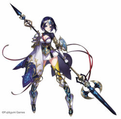 1girl armor blue_eyes blue_hair breasts cleavage cloak closed_mouth forehead_protector full_body halberd holding holding_polearm holding_weapon official_art polearm priscilla_(ta_ga_tame_no_alchemist) shield shoes solo standing ta_ga_tame_no_alchemist thighs underbust weapon