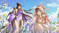 Rule 34 | 2girls, absurdres, bare shoulders, blue eyes, blue sky, breasts, brown hair, character request, china dress, chinese clothes, cloud, copyright name, day, detached sleeves, dress, flower, hair flower, hair ornament, highres, logo, long hair, medium breasts, multiple girls, official art, second-party source, sitting, sky, smile, standing, tassel, yellow eyes, yuan zun