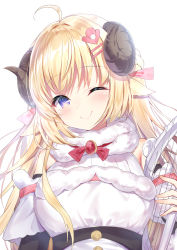 Rule 34 | 1girl, animal ears, arm cuffs, arm warmers, backlighting, blonde hair, blush, braid, breasts, brooch, closed mouth, dress, french braid, fur-trimmed dress, fur trim, hair ornament, hair ribbon, hairclip, harp, highres, hololive, horns, instrument, jewelry, large breasts, long hair, looking at viewer, neck ribbon, one eye closed, pink ribbon, purple eyes, red ribbon, ribbon, sheep ears, sheep horns, simple background, smile, solo, topia, tsunomaki watame, tsunomaki watame (1st costume), upper body, virtual youtuber, white background, white dress, wool