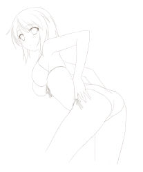 Rule 34 | 1girl, 47agdragon, adjusting clothes, adjusting swimsuit, ass, bikini, breasts, female focus, front-tie top, highres, leaning forward, lineart, looking at viewer, monochrome, original, side-tie bikini bottom, simple background, solo, swimsuit, white background