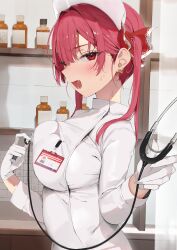 Rule 34 | 1girl, absurdres, alternate costume, blush, bottle, breasts, earrings, fangs, from side, gloves, hat, heart, heart earrings, heterochromia, highres, holding, holding stethoscope, hololive, houshou marine, id card, jewelry, large breasts, long sleeves, looking at viewer, nurse, nurse cap, open mouth, pomesaurus, red eyes, red hair, shelf, shirt, solo, stethoscope, sweat, twintails, virtual youtuber, white gloves, white shirt