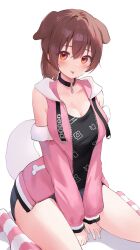 Rule 34 | 1girl, absurdres, animal collar, animal ears, black collar, bone print, breasts, cleavage, collar, collarbone, detached sleeves, dog ears, dog girl, dog tail, full-length zipper, highres, hololive, hood, hooded vest, hoodie, inugami korone, inugami korone (loungewear), jacket, large breasts, looking at viewer, on ground, pink jacket, ponytail, print shirt, ruka tou, shirt, shorts, simple background, socks, solo, squatting, striped clothes, striped socks, tail, thighs, tongue, tongue out, vest, virtual youtuber, white background, zipper