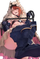 Rule 34 | 1girl, absurdres, armor, armored boots, bandeau, beatrix (granblue fantasy), beige skirt, berserker (granblue fantasy), boots, breasts, brown hair, cape, femdom, fur cape, gauntlets, granblue fantasy, greaves, highres, incloud, large breasts, long hair, looking at viewer, open mouth, pelt, shaded face, smile, solo, swept bangs, whip, wolf hat, yellow eyes