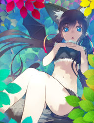 Rule 34 | 1girl, animal ears, bat wings, blue eyes, female focus, hair ribbon, own hands clasped, highres, hirokiku, leaf, long hair, midriff, original, own hands together, plant, ribbon, sitting, solo, tree, twintails, wings