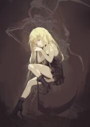 Rule 34 | 1girl, animal skeleton, ankle boots, bare arms, bare shoulders, black background, blonde hair, blue eyes, boots, brown background, choker, closed mouth, dress, english text, from side, full body, head tilt, high heel boots, high heels, highres, holding, holding scythe, huahua zhu, invisible chair, knee up, light particles, long hair, looking at viewer, looking to the side, own hands together, rachel gardner, satsuriku no tenshi, scythe, short dress, sitting, sleeveless, sleeveless dress, solo, very long hair