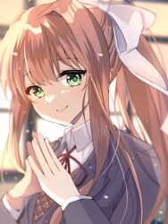 Rule 34 | 1girl, blurry, blurry background, bow, brown hair, coat, doki doki literature club, finger touching, green eyes, grey coat, hair intakes, hair ribbon, light particles, long hair, looking at viewer, monika (doki doki literature club), nail polish, natsusechoco, red bow, ribbon, school, school uniform, shirt, smile, very long hair, white ribbon, white shirt, window