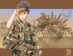Rule 34 | 1girl, assault rifle, australia, bird, blonde hair, bullpup, fn ag-c/eglm, green eyes, grenade launcher, gun, gun sling, hand on headwear, handgun, hat, hat feather, holster, jpc, letterboxed, load bearing equipment, looking at viewer, military, military vehicle, modular weapon system, motor vehicle, original, ostrich, pistol, rifle, signature, sleeves rolled up, slouch hat, smile, soldier, solo, steyr aug, steyr gl 40, tank, transforming weapon, under-barrel configuration, underbarrel grenade launcher, watch, weapon, wristwatch