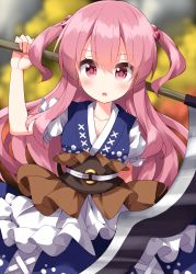 Rule 34 | 1girl, arm up, belt, black belt, blue dress, blurry, blurry background, blush, breasts, collarbone, commentary request, cosplay, dress, eyes visible through hair, grey background, hair between eyes, hair bobbles, hair ornament, hand up, hata no kokoro, highres, long hair, looking at viewer, medium breasts, no headwear, one-hour drawing challenge, onozuka komachi, onozuka komachi (cosplay), open mouth, pink eyes, pink hair, puffy short sleeves, puffy sleeves, ruu (tksymkw), scythe, shirt, short sleeves, short twintails, solo, standing, tongue, touhou, tree, twintails, weapon, white shirt