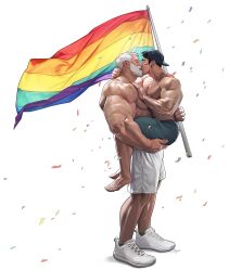 2boys age_difference bara black_hair carrying carrying_person closed_eyes confetti flag full_body green_hat green_shorts hand_on_another&#039;s_chest hand_on_another&#039;s_neck hat highres holding holding_flag kiss lgbt_pride male_focus multiple_boys original rainbow_flag rainbow_flag_tattoo shoes shorts silverjow sneakers sparse_stubble standing topless_male ulric_(silverjow) wei_(silverjow) white_footwear white_hair white_shorts yaoi