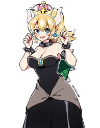 Rule 34 | 1girl, :d, artist name, bare shoulders, black dress, blonde hair, blue eyes, blush, bowsette, bracelet, breasts, collar, commentary, crown, dress, earrings, fang, hands up, highres, horns, jewelry, large breasts, looking at viewer, mario (series), new super mario bros. u deluxe, nintendo, open mouth, pointy ears, ponytail, savi (byakushimc), simple background, smile, solo, spiked bracelet, spiked collar, spiked shell, spikes, strapless, strapless dress, super crown, thick eyebrows, turtle shell, v-shaped eyebrows, white background