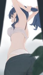 1girl adjusting_hair black_pants blue_eyes blue_hair bra breasts fingernails highres hiroki_(yyqw7151) long_hair make_heroine_ga_oo_sugiru! medium_breasts panties pants underwear white_bra white_panties yanami_anna