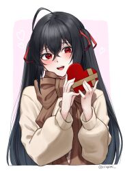 Rule 34 | ahoge, artist name, azur lane, black hair, blush, cropped torso, crossed bangs, hair ribbon, hands up, happy, heart, highres, long hair, long sleeves, looking at viewer, open mouth, red eyes, red ribbon, ribbon, scarf, signature, simple background, smile, sweater, taihou (azur lane), twintails, twitter username, valentine, valentine chocolate, white background, yorugami rei