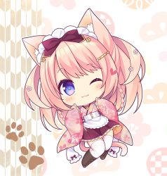 Rule 34 | 1girl, ;3, animal ears, apron, bell, black footwear, blue eyes, blush, boots, bow, braid, brown bow, brown skirt, cat ears, cat girl, cat tail, chibi, closed mouth, commentary request, copyright request, cross-laced footwear, floral print, flower, full body, hair bow, hair flower, hair ornament, hairclip, heart, japanese clothes, jingle bell, kimono, lace-up boots, long sleeves, looking at viewer, one eye closed, original, pink flower, pink hair, pink kimono, pleated skirt, print kimono, ryuuka sane, skirt, sleeves past fingers, sleeves past wrists, solo, tail, thighhighs, thighhighs under boots, twin braids, waist apron, white apron, white thighhighs, wide sleeves, yagasuri, yellow flower