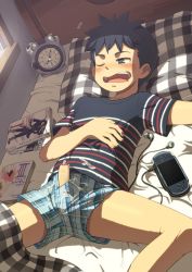 Rule 34 | 1boy, alarm clock, bed, black hair, blanket, blush, boxers, clock, cum, ejaculation, erection, green eyes, handheld game console, handsfree ejaculation, headphones, kine (artist), male focus, male underwear, one eye closed, open mouth, penis, playstation portable, saliva, solo, spread legs, uncensored, underwear, wavy mouth, wince