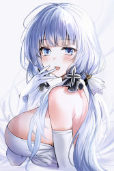 Rule 34 | 1girl, absurdres, ahoge, azur lane, back, bare shoulders, blue eyes, blush, breasts, dress, elbow gloves, finger to mouth, from side, gloves, highres, illustrious (azur lane), large breasts, long hair, looking at viewer, mole, mole under eye, sideboob, strapless, strapless dress, tri tails, white background, white dress, white gloves, white hair, yuki (asayuki101)