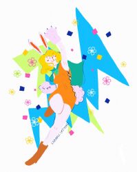 Rule 34 | 1girl, :3, animal ears, arm up, artist name, blonde hair, boots, cape, carrot (one piece), commentary, confetti, dress, english commentary, flower, full body, green cape, highres, one piece, orange dress, rabbit ears, rabbit girl, rabbit tail, saramusketches, short hair, solo, standing, standing on one leg, tail