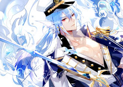 Rule 34 | 1boy, black coat, black shirt, blue hair, buttons, closed mouth, coat, coat on shoulders, collarbone, collared coat, diamond button, double-parted bangs, fins, fish, flying fish, glint, gloves, hair between eyes, hat, head fins, holding, holding sword, holding weapon, hyosung, jacket, lapels, long hair, low ponytail, male focus, military uniform, navy, notched lapels, official alternate costume, partially unbuttoned, peaked cap, pectoral cleavage, pectorals, red eyes, serious, shirt, shunde raw fish (the tale of food), sleeve cuffs, solo, sword, the tale of food, uniform, upper body, water drop, weapon, white background, white gloves, white hat, white jacket