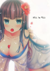 Rule 34 | 10s, 1girl, bare shoulders, between breasts, black hair, blue eyes, blush, breasts, cleavage, copyright name, flower, hair flower, hair ornament, japanese clothes, kill la kill, kimono, kiryuuin satsuki, large breasts, long hair, march-bunny, mouth hold, new year, off shoulder, petals, solo