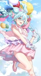 Rule 34 | 1girl, :d, balloon, bibi (user egtz4573), blue eyes, blue hair, blue sky, bow, braid, cloud, cloudy sky, day, dress, facing viewer, floating hair, foot out of frame, frilled dress, frilled gloves, frills, gloves, hair between eyes, hair bow, hair ribbon, happy, hatsune miku, heart balloon, highres, holding, holding balloon, holding clothes, holding skirt, leg up, long hair, one eye closed, open mouth, outdoors, pink bow, pink dress, pink footwear, ribbon, shoes, short dress, skirt, sky, sleeveless, sleeveless dress, smile, solo, star balloon, thighs, vocaloid, white gloves